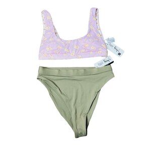 NWT Dippin Daisy's Bikini 2 Piece High Waist Taupe Bottoms Pink Floral Top Small